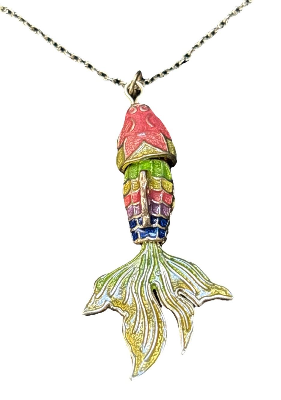 Vintage Articulated Enamel Fish Pendant Necklace Gold Tone Multicolor Enamel 1.5